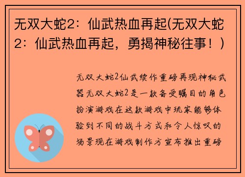 无双大蛇2：仙武热血再起(无双大蛇2：仙武热血再起，勇揭神秘往事！)